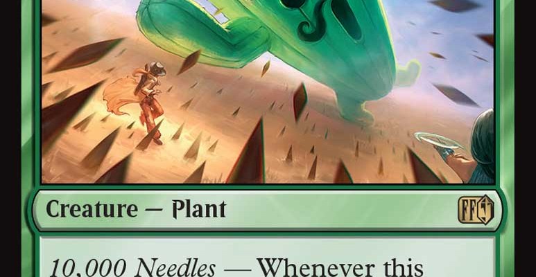 A copy of the Jumbo Cactuar card from Magic: The Gathering shows the player’s point of view of the 10,000 Needles attack.