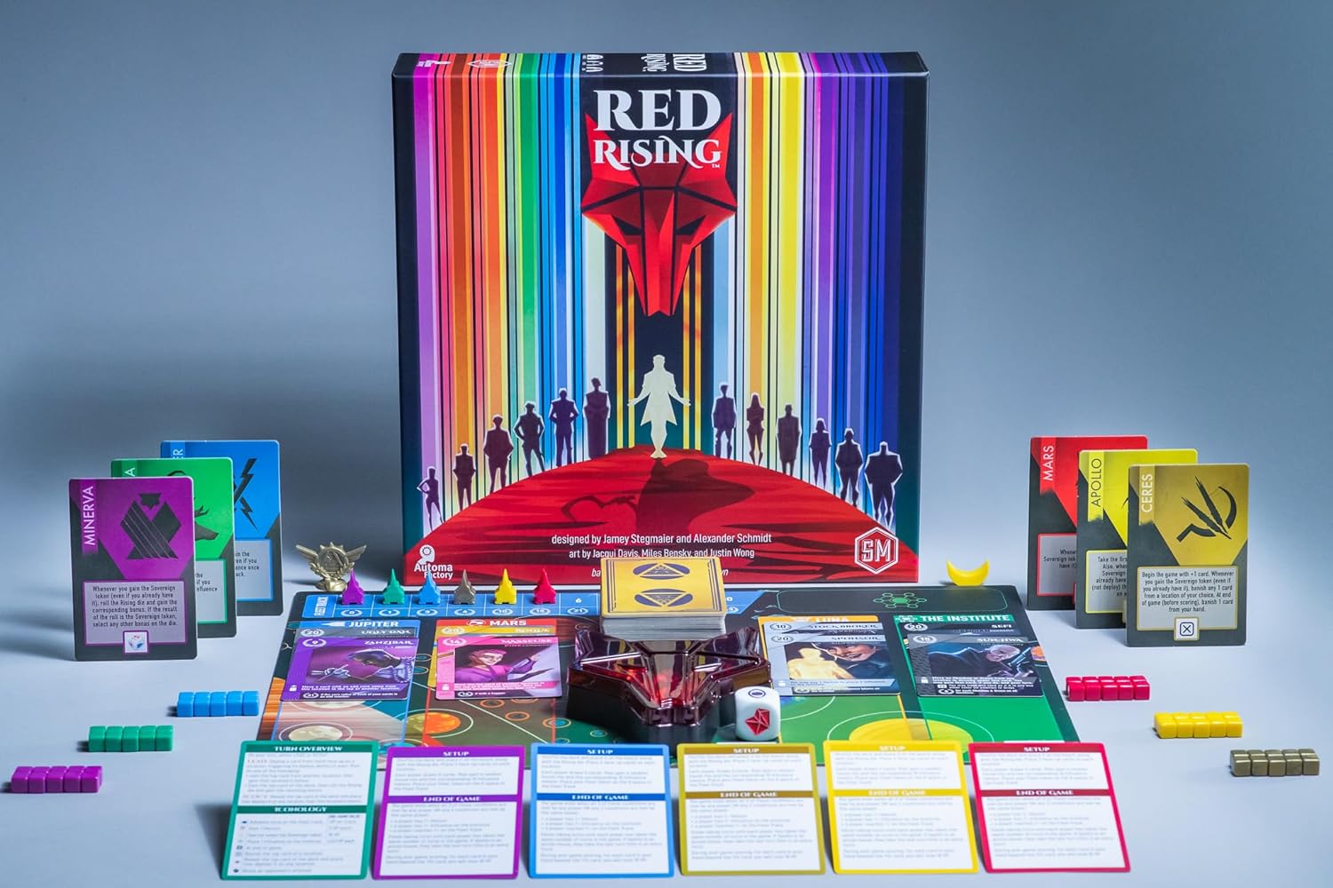 An image showing the contents of the Red Rising board game, consisting of cards and game pieces.