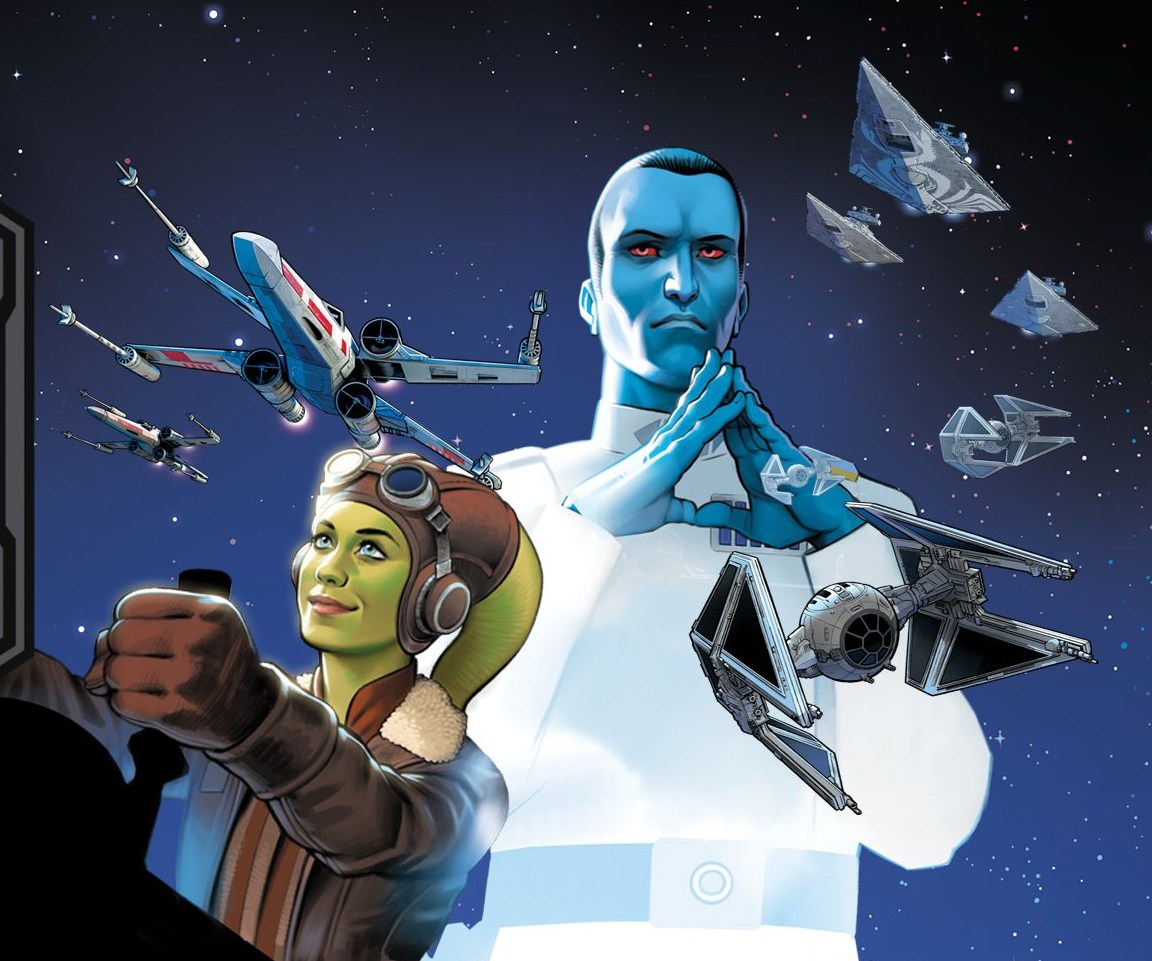 Hera Syndula and Thrawn adorn key art, including spaceships, for Star Wars: Unlimited - Jump to Lightspeed.