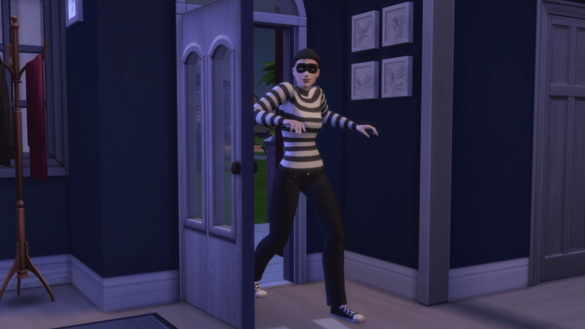 The Sims 4 screenshot showing the burglar entering a home.