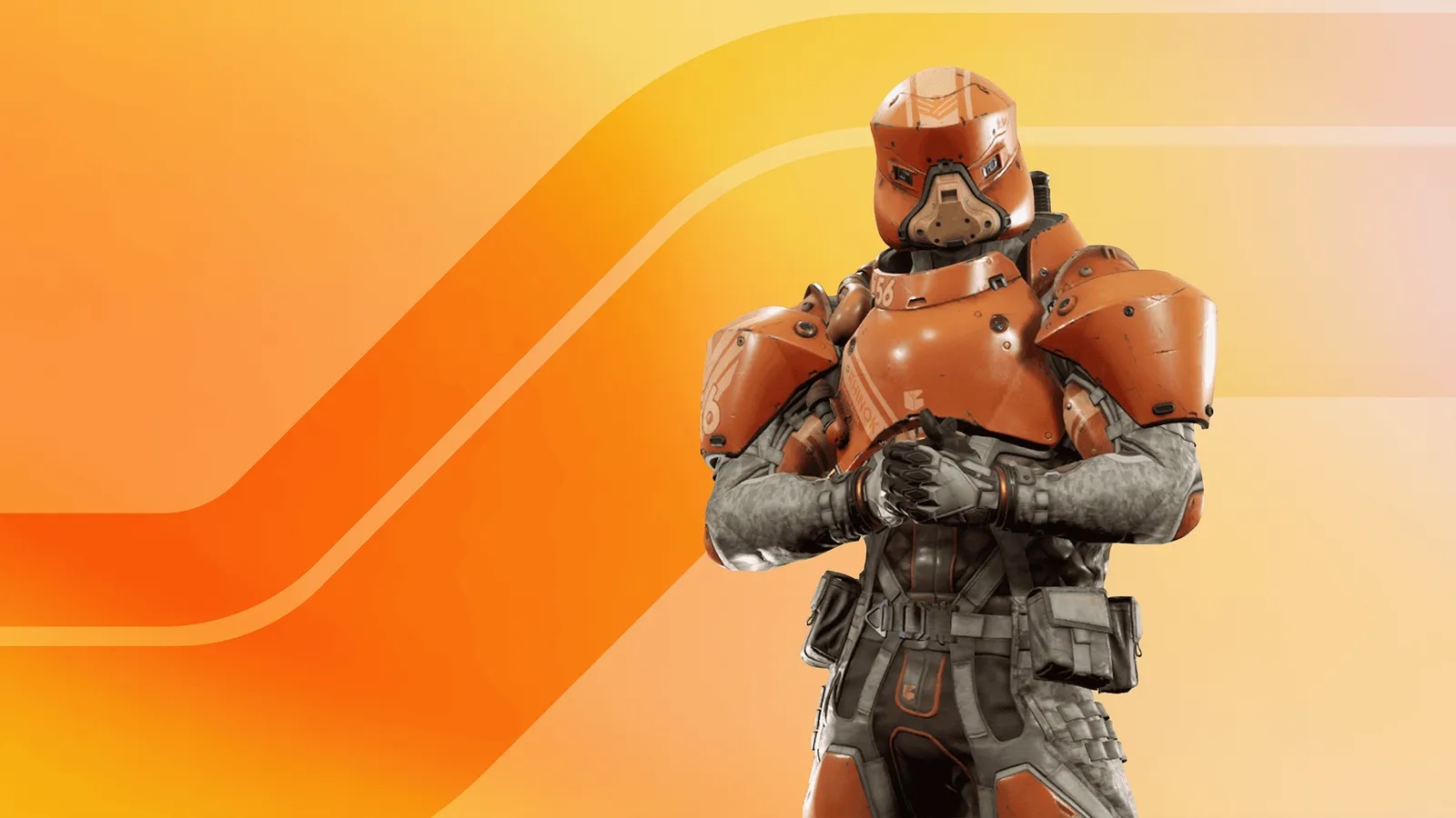 A Spligate 2 alpha player wearing orange and gray armor stands in front of an orange background