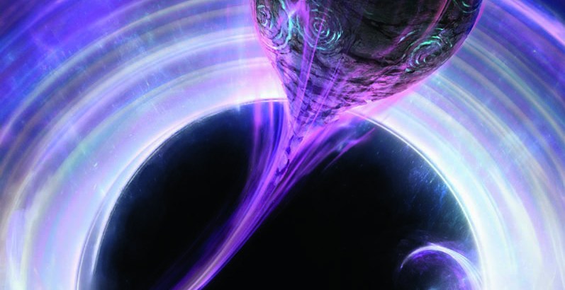 A beam of purple energy keeps a droplet-shaped mass just behind the edge of a black hole.