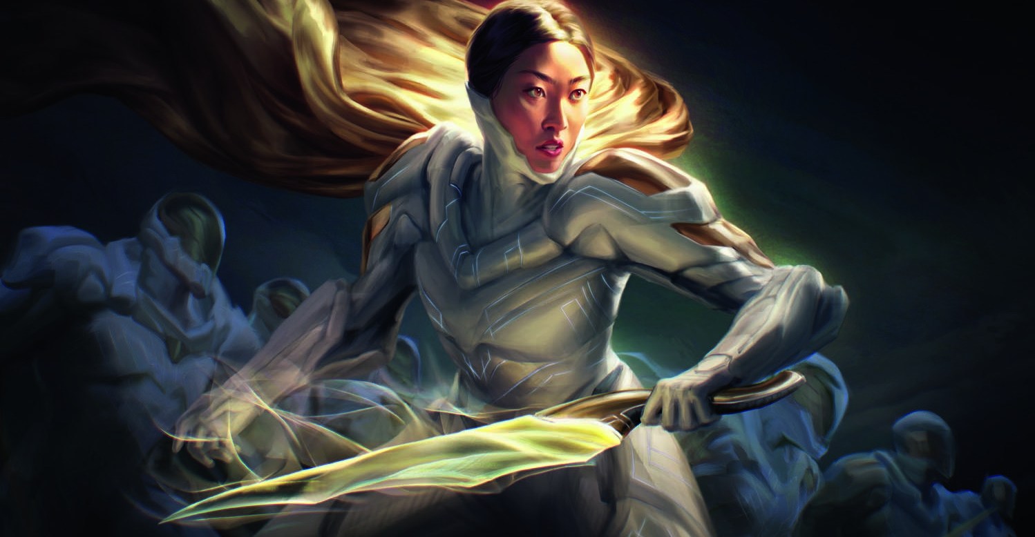 A woman in a white space suit holds a light sword, a golden cloak billowing behind her like hair.