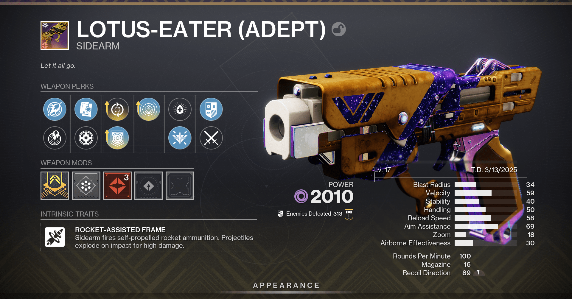 A Guardian showcases a fully enhanced Lotus-Eater (Adept) sidearm