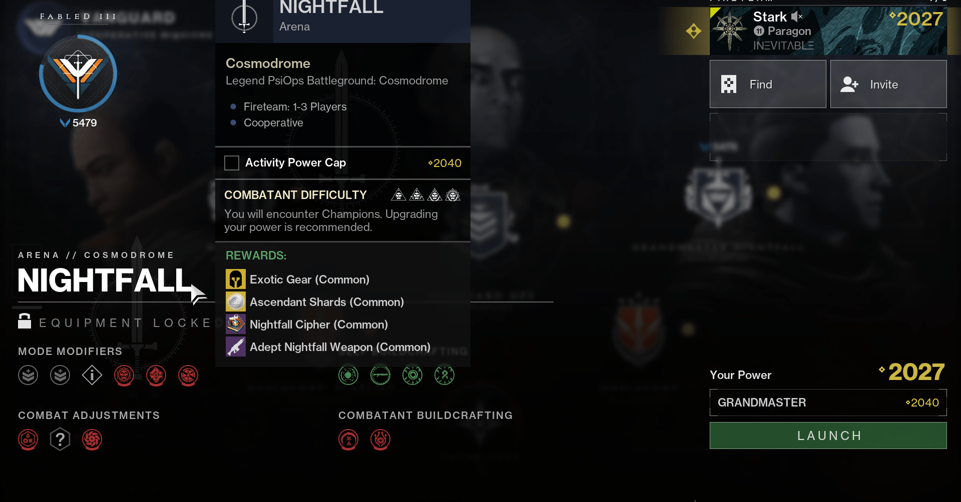 A Guardian hovers over the Nightfall rewards in the launch screen