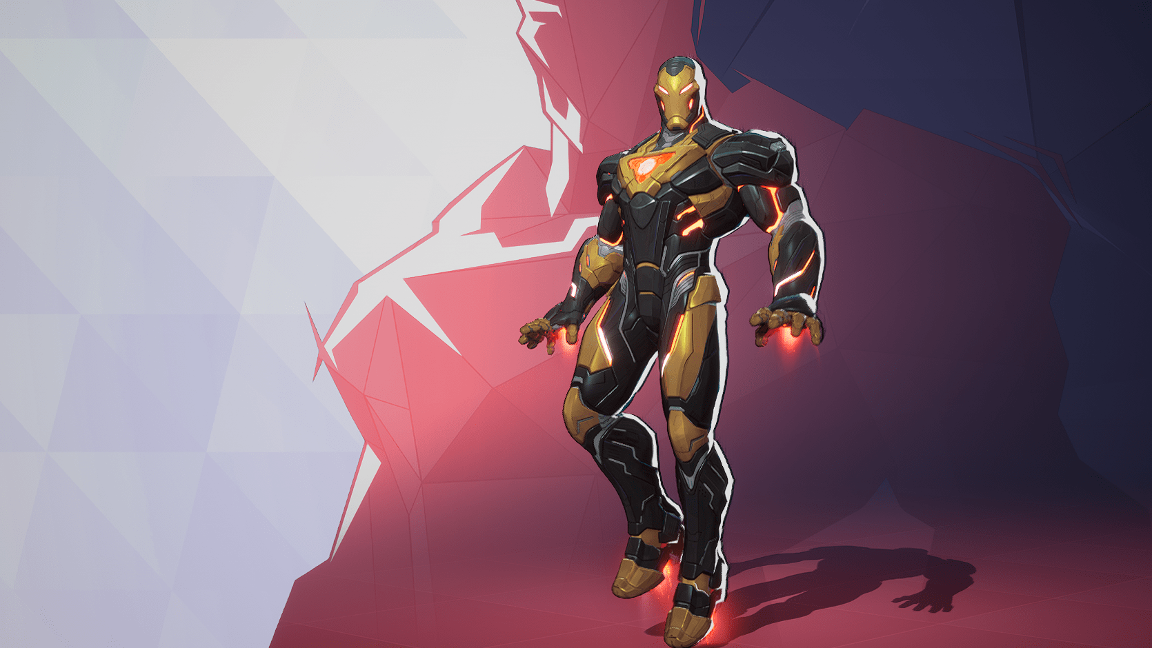 Iron Man in a black and gold costume stands in front of a red background in Marvel Rivals