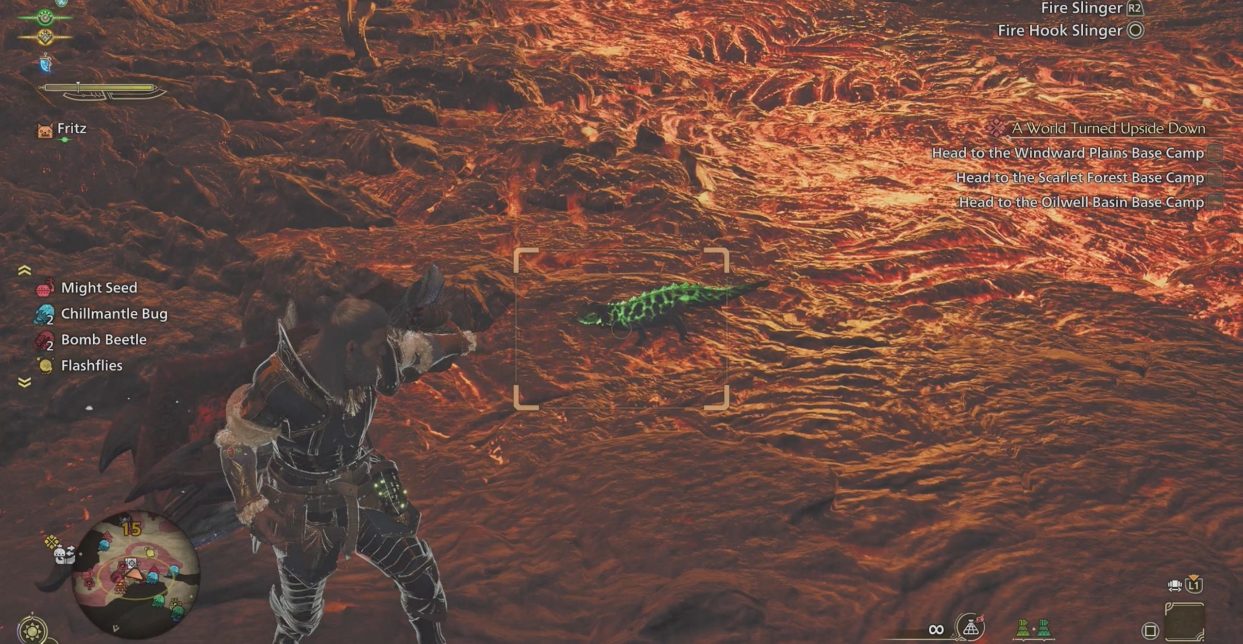 Monster Hunter Wilds capturing an ember rufflizard