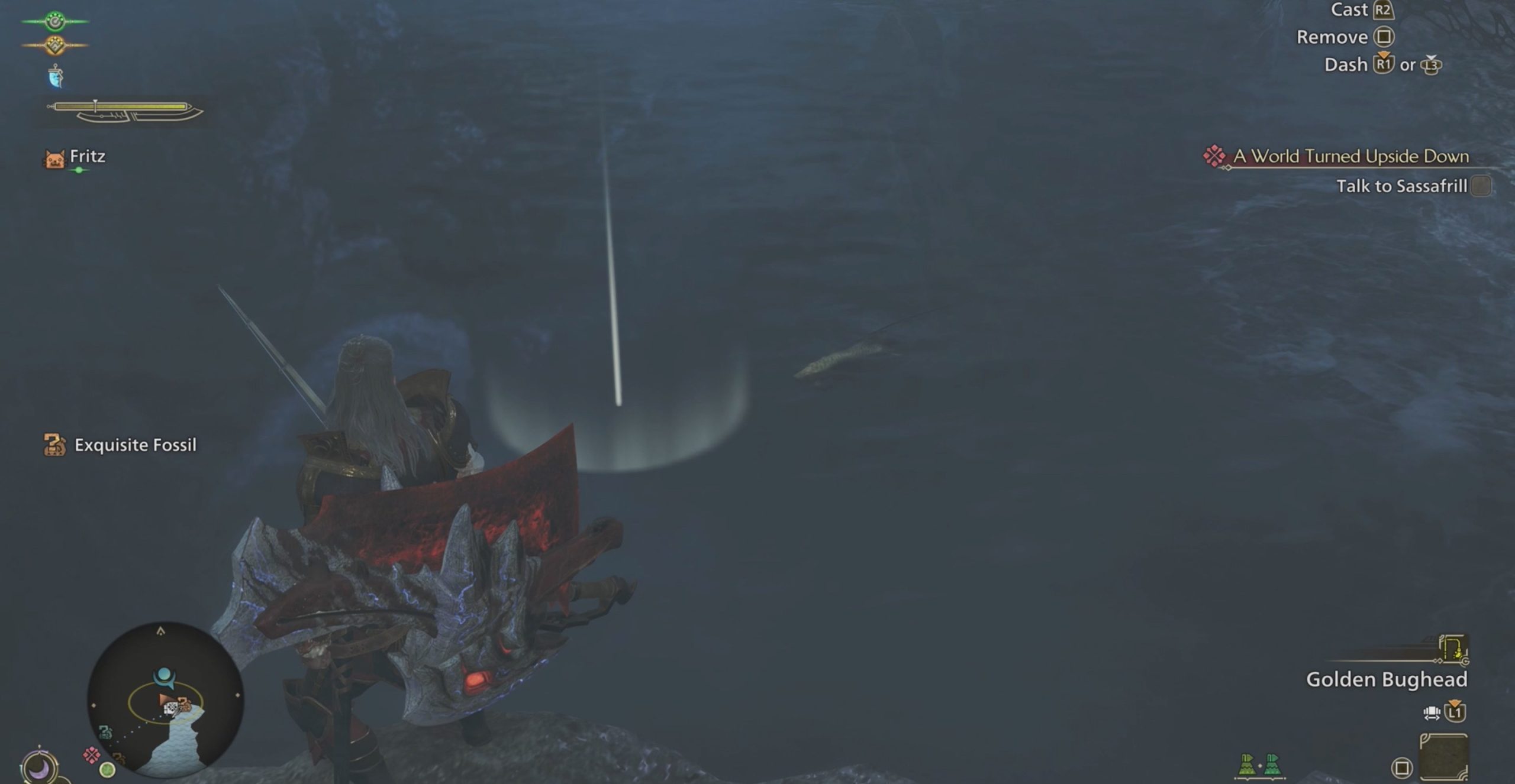 Monster Hunter Wilds fishing for a goldenfish