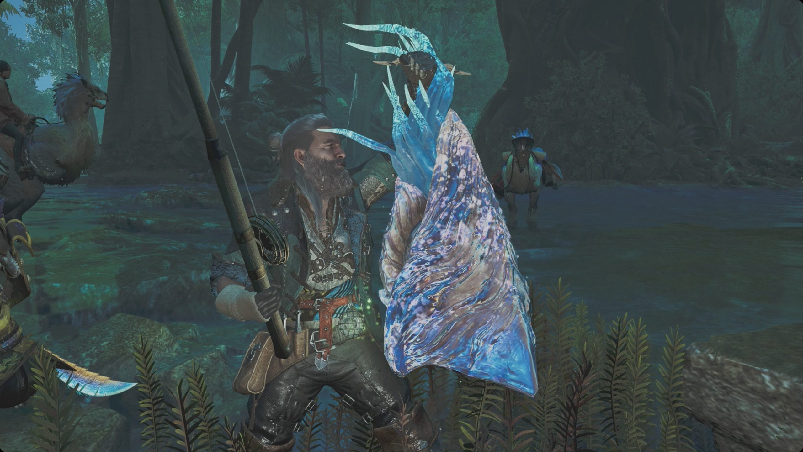 Monster Hunter WIlds hunter holding up a grand escunite