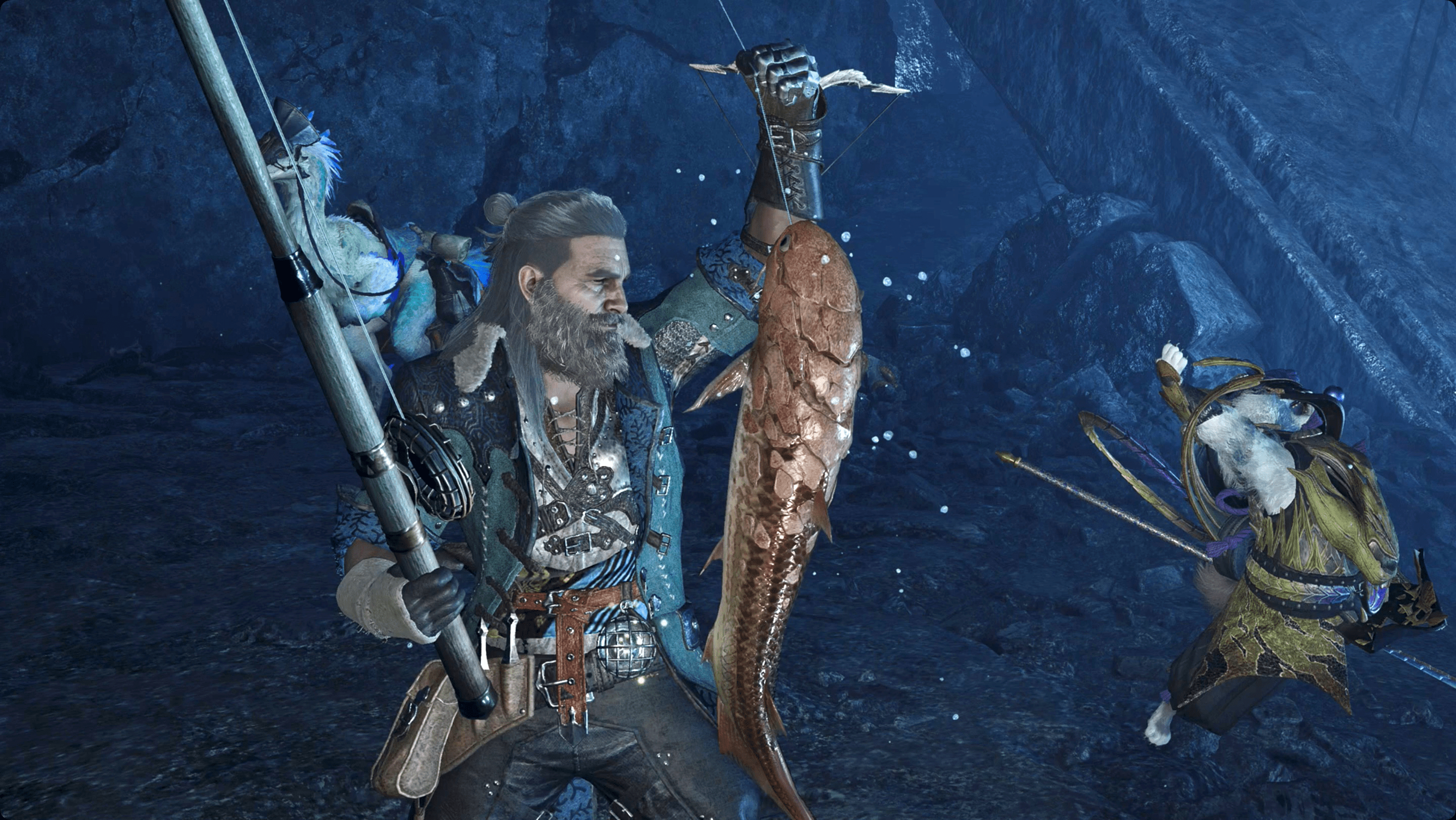 Monster Hunter WIlds hunter holding up a gravid bowfin