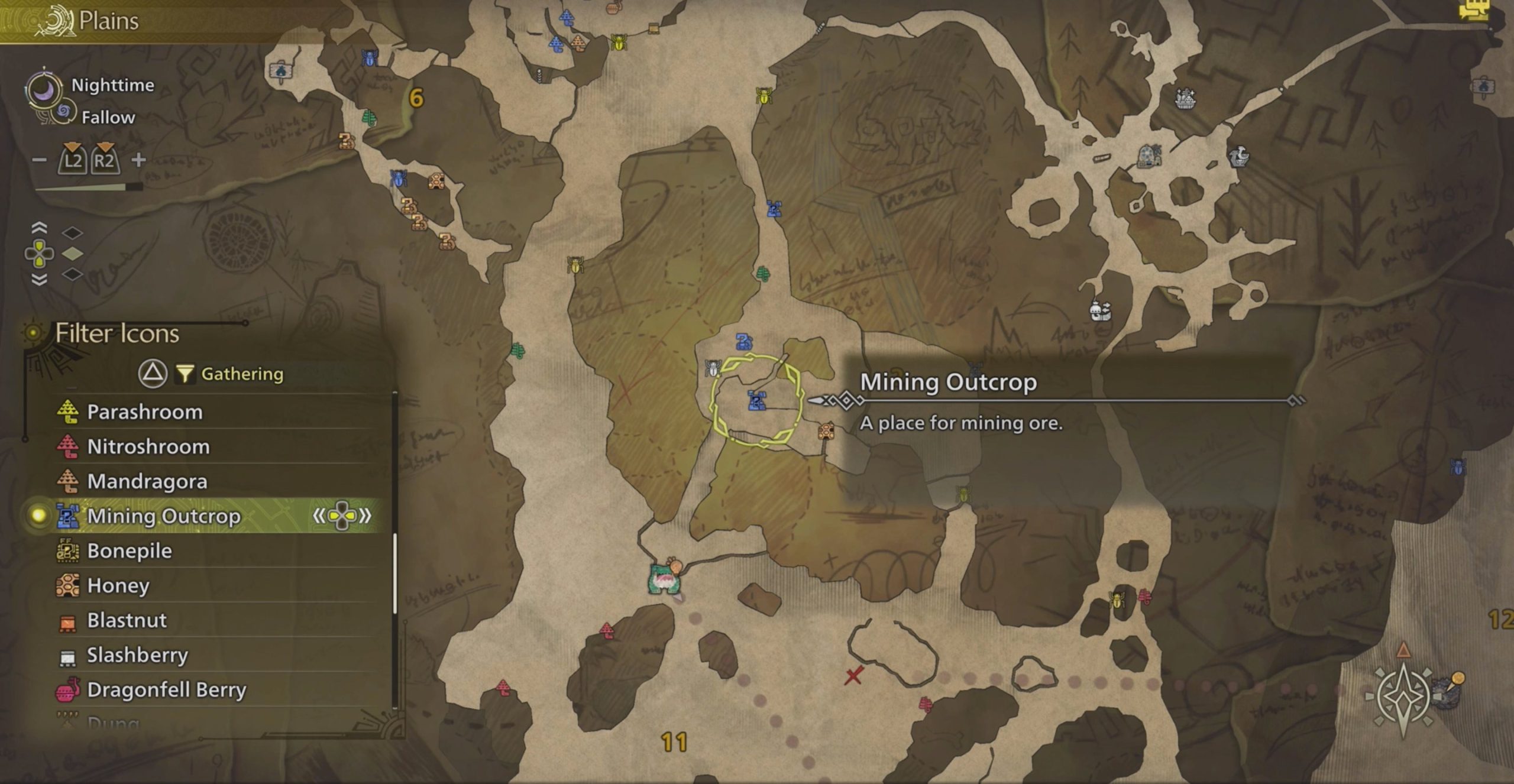 Monster Hunter Wilds using the map filter to find mining outcrops