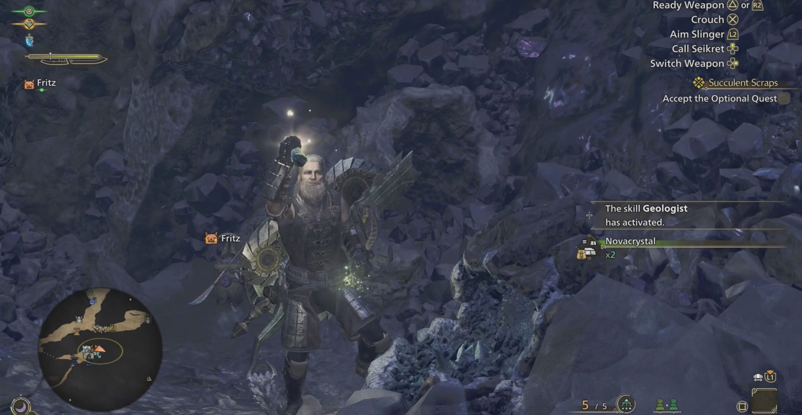 Monster Hunter Wilds collecting a novacrystal from a mining outcrop