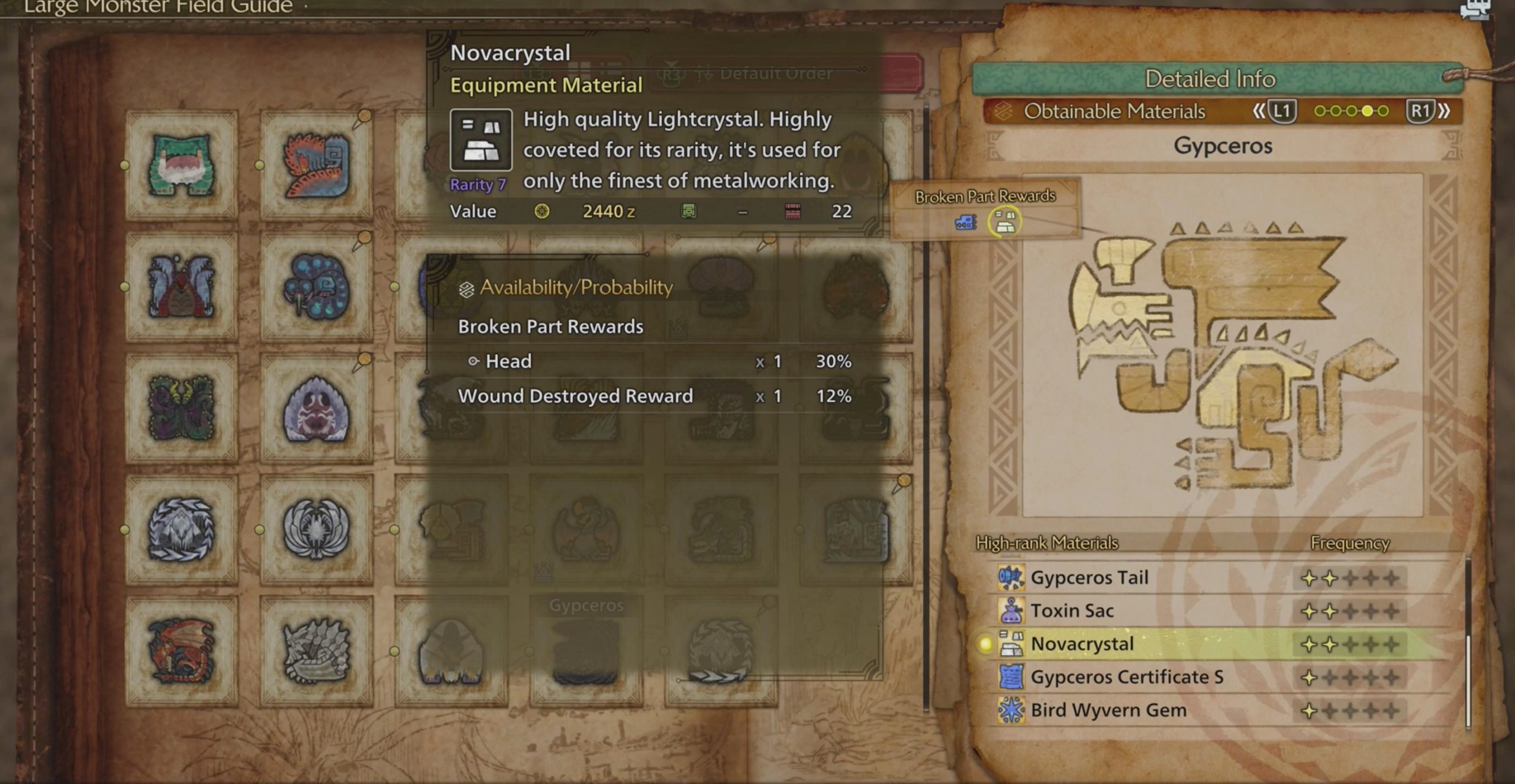 Monster Hunter Wilds novacrystals in the gypceros field guide entry