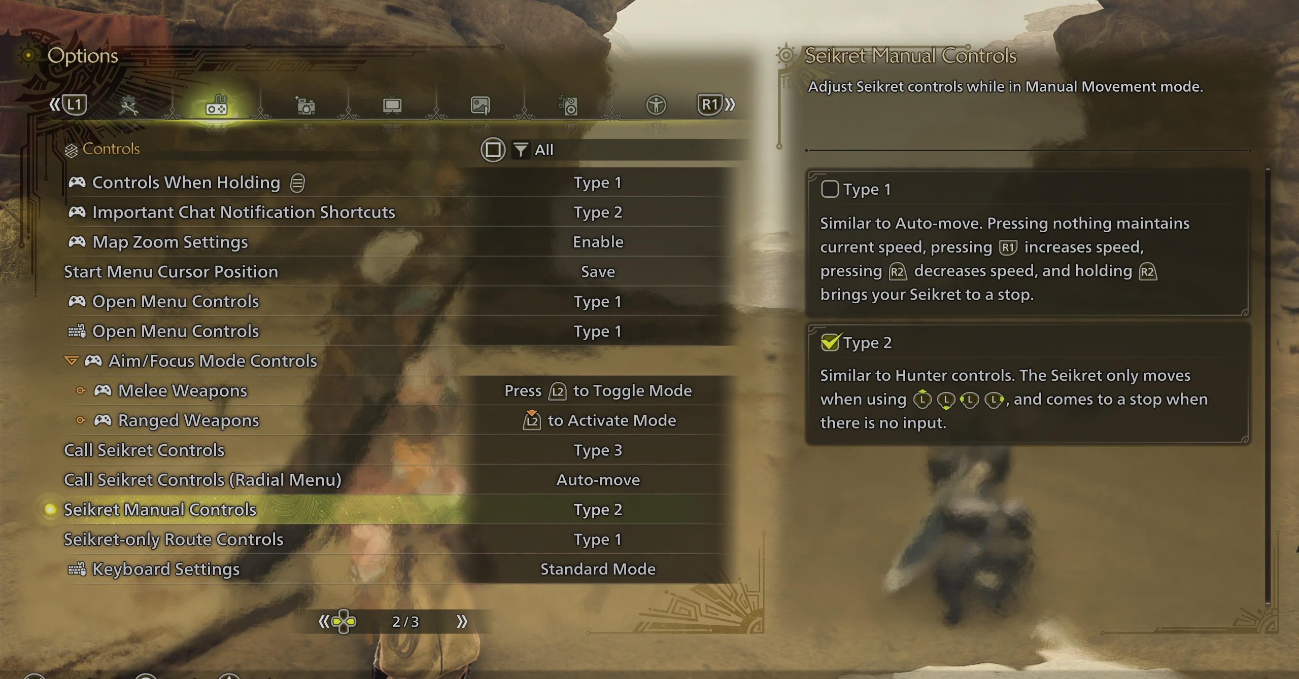 a screenshot of the Seikret’s menu options for movement