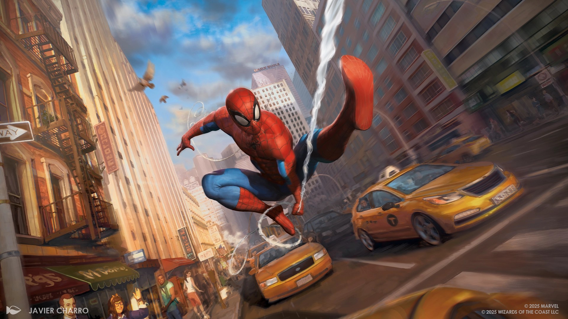 Artwork of Spider-Man flying through the streets of Manhattan via spider web