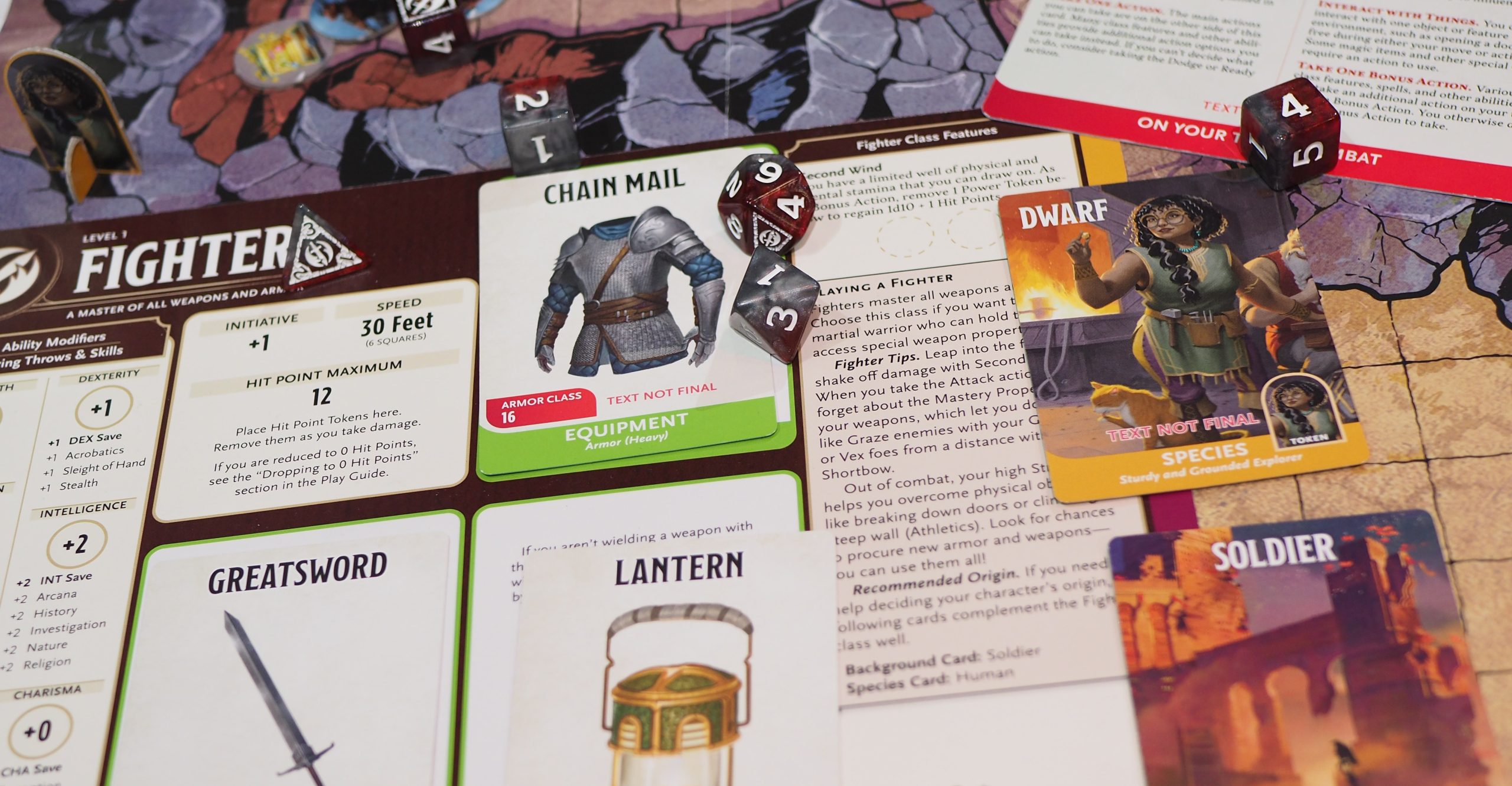 An image showing a top-down view of the 2025 Dungeons & Dragons Starter Set, focusing on a Fighter class character. The image shows multiple cards and game pieces that embellish the