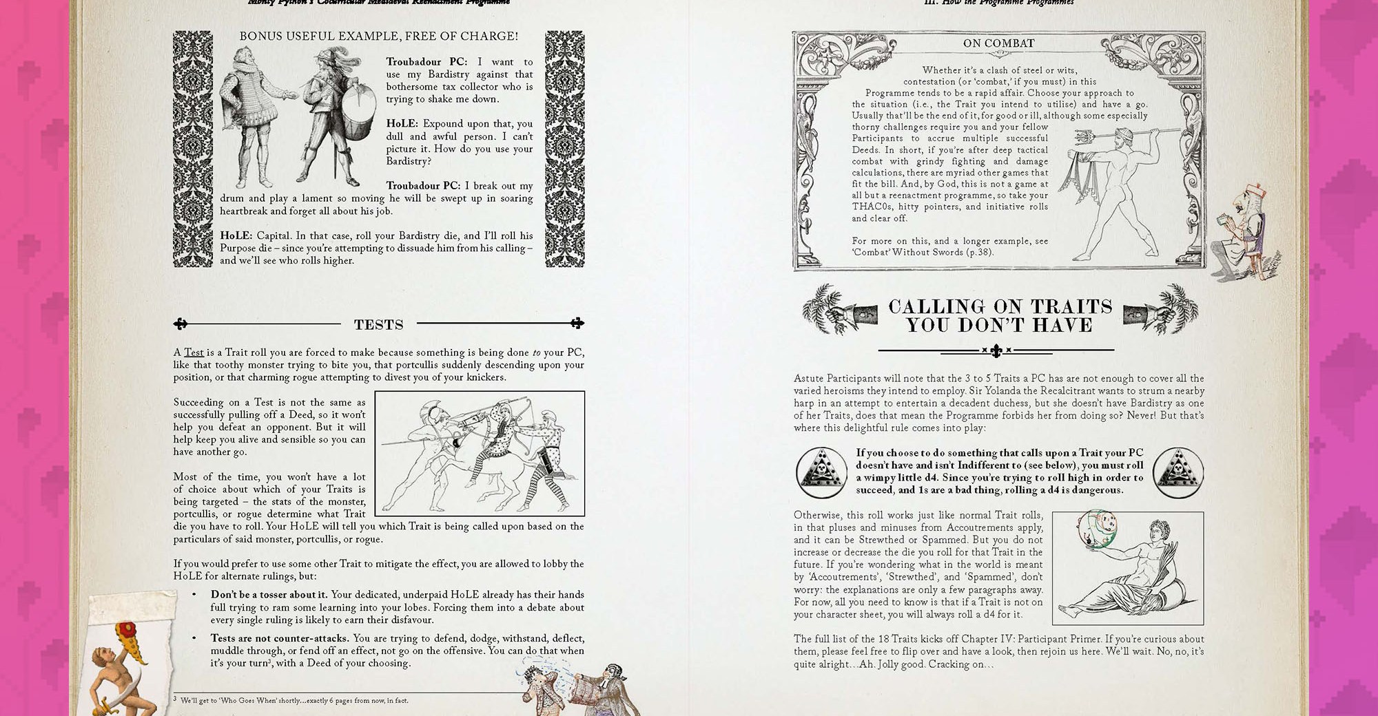 A two-page spread from the Monty Python ttrpg showing examples of play, like tests, made within the game’s mechanical framework. It’s all a bit silly, as intended.